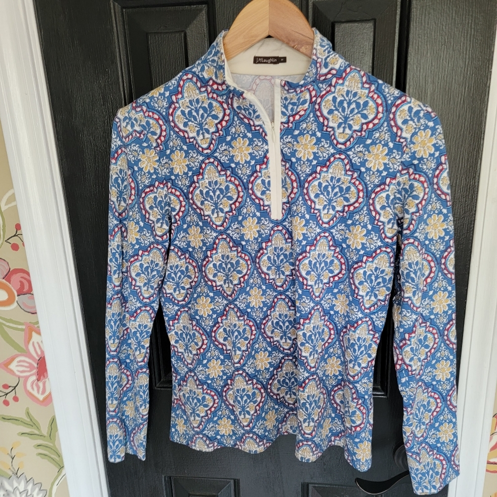 Long sleeve half zip stretchy pullover shirt.